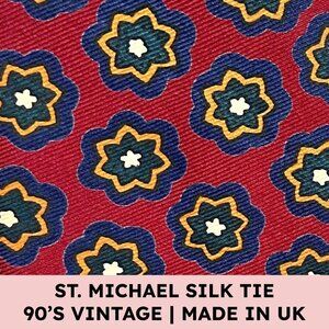 St. Michael Silk Tie Red Geometric Print Vintage Maximalist Academia Retro
